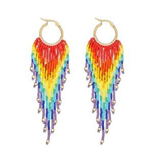 NWT Rainbow Beaded Fringe Earrings – Pride Statement Hoops – Lightweight Trendy